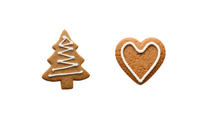 Christmas gingerbread tree and heart shape cookies on isolated transparent background