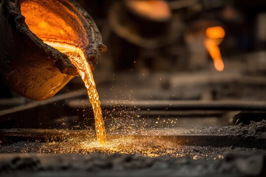 Molten metal pouring from a crucible in a foundry
