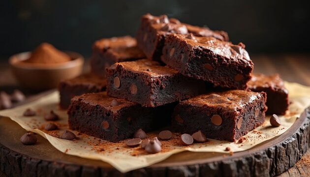 Homemade chocolate brownies stacked on wooden board. Rich fudgy squares with chocolate chips served on baking paper. Delicious cocoa dessert from bakery recipe. Indulgent sweet treat yummy snack