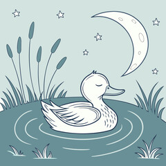 Sleeping Duck in a Pond Under a Crescent Moon and Stars water night