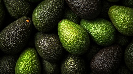 A vibrant close-up of fresh green avocados piled high, showcasing detailed textured skin and soft natural light reflections from above, ideal for health food and organic lifestyle themes.