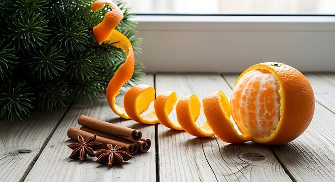Fresh tangerine with peel and spices on a rustic wooden table