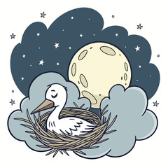 Stork sleeping in nest under full moon and starry night sky bird