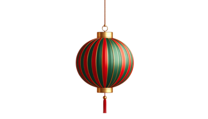 Festive Christmas ornament with red and green vertical stripes, hanging against white.