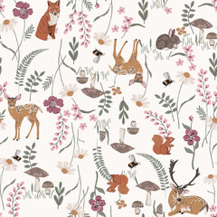 Obraz premium Whimsical woodland creatures and flora seamless pattern for children's textiles and decor