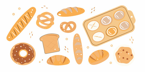 Variety of baked goods flat vector illustration on white background