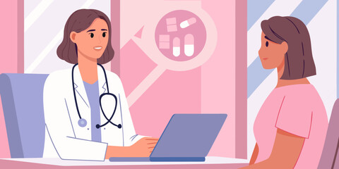 Female doctor consulting patient with laptop in clinic office