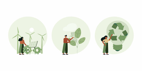 Sustainability and green energy concepts with wind turbines plants and recycling