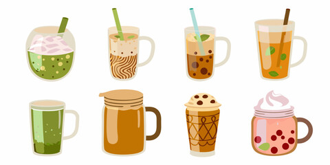Collection of various boba teas and flavored drinks in cute mugs