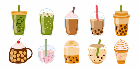 Variety of boba tea drinks in cups mugs and glasses illustration