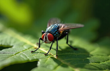 Naklejka premium Vivid macro photography of fly on green leaf. Insect prominent red eyes, iridescent blue-green body. Hairy legs clearly seen on plant surface. Sunlight creates detailed shadow play. Small bug rests