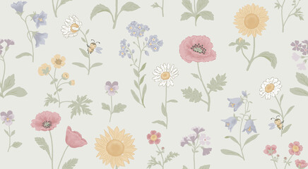 Delicate watercolor floral pattern with soft pastel wildflowers and greenery for romantic designs