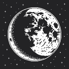 Pixel Art Moon and Stars in Black and White space celestial