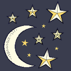Pixel Art Crescent Moon and Stars on Dark Blue Background night
