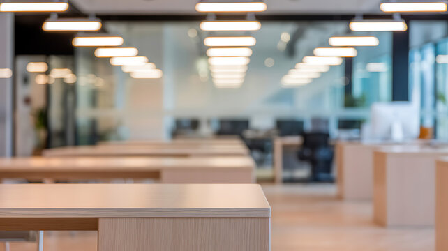 Blurred background view of a modern open-plan office workspace featuring rows of light wooden desks bright linear ceiling lights and frosted glass partitions