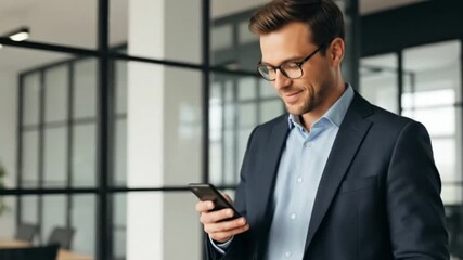 A confident businessman with glasses, smiling while using his smartphone in a modern glass office. Perfect for mobile technology and networking concepts - Powered by Adobe
