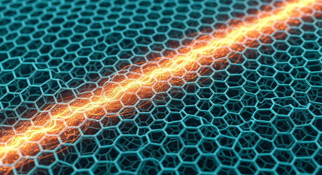 Hexagonal blue structure with orange light streak, representing energy flow, network connectivity, or advanced material properties, perfect for tech concepts