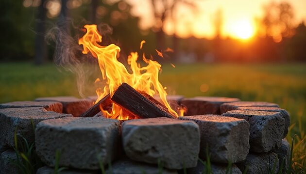 Stone fire pit burns with bright flames. Logs smolder in warm glow. Grass lawn and golden sunset provide cozy backdrop. Evening gathering spot.