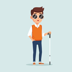A blind man with sunglasses holding a white cane, illustrated in a flat modern style. Perfect for disability awareness, accessibility concepts, and inclusive design themes.