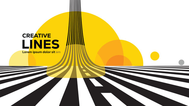 Abstract design featuring converging lines yellow circles and bold text