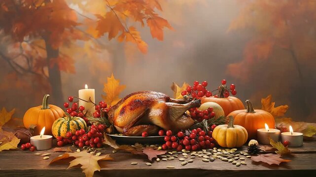 Festive Thanksgiving Table Setting with Roasted Turkey and Autumn Decor.