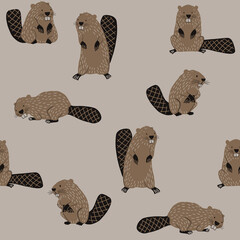 Cute beavers in various poses on a light tan seamless pattern background for design © Creativezone