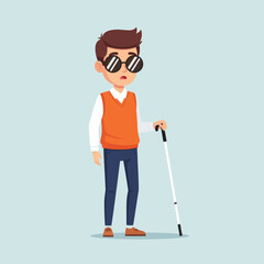 A blind man with sunglasses holding a white cane, illustrated in a flat modern style. Perfect for disability awareness, accessibility concepts, and inclusive design themes.
