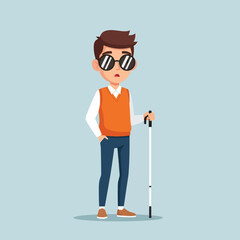 A blind man with sunglasses holding a white cane, illustrated in a flat modern style. Perfect for disability awareness, accessibility concepts, and inclusive design themes.
