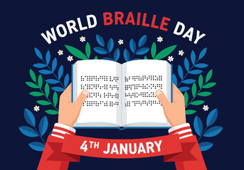 Illustration celebrating World Braille Day with hands holding an open Braille book, highlighting accessibility, inclusion, and support for the visually impaired on January 4th.