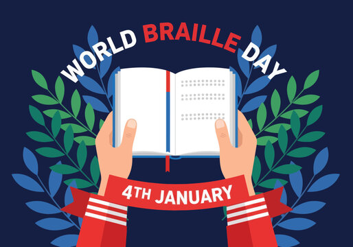 Illustration celebrating World Braille Day with hands holding an open Braille book, highlighting accessibility, inclusion, and support for the visually impaired on January 4th. - Powered by Adobe