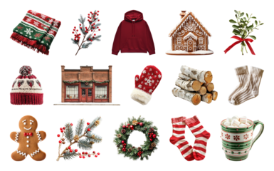 PNG Festive holiday cozy winter collection, element set on transparent background