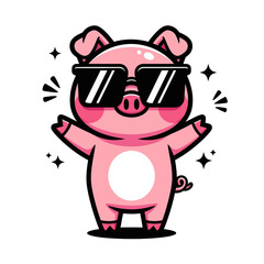 Fototapeta premium Cute cartoon pig wearing stylish sunglasses, drawn in a fun kawaii style. Perfect for stickers, children’s designs, merchandise, and playful character illustrations.