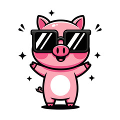 Cute cartoon pig wearing stylish sunglasses, drawn in a fun kawaii style. Perfect for stickers, children’s designs, merchandise, and playful character illustrations.