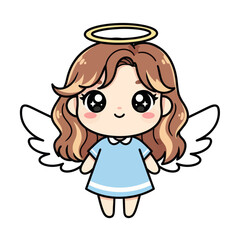 Cute chibi angel girl with shining eyes, white wings, and a golden halo. Adorable kawaii character illustration perfect for Christmas, fantasy themes, and children’s designs.