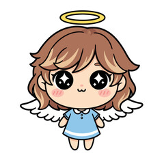 Cute chibi angel girl with shining eyes, white wings, and a golden halo. Adorable kawaii character illustration perfect for Christmas, fantasy themes, and children’s designs.