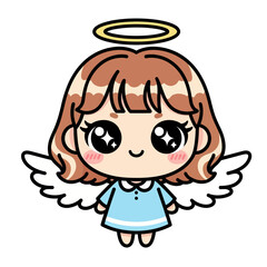 Cute chibi angel girl with shining eyes, white wings, and a golden halo. Adorable kawaii character illustration perfect for Christmas, fantasy themes, and children’s designs.