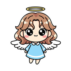 Cute chibi angel girl with shining eyes, white wings, and a golden halo. Adorable kawaii character illustration perfect for Christmas, fantasy themes, and children’s designs.