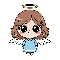 Cute chibi angel girl with shining eyes, white wings, and a golden halo. Adorable kawaii character illustration perfect for Christmas, fantasy themes, and children’s designs.