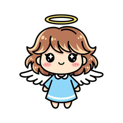 Cute chibi angel girl with shining eyes, white wings, and a golden halo. Adorable kawaii character illustration perfect for Christmas, fantasy themes, and children’s designs.