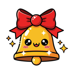 Cute kawaii Christmas bell with a big red bow, shiny golden surface, and adorable face illustration. Perfect festive cartoon design for holiday decorations, greetings, and seasonal projects.