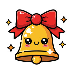 Cute kawaii Christmas bell with a big red bow, shiny golden surface, and adorable face illustration. Perfect festive cartoon design for holiday decorations, greetings, and seasonal projects.