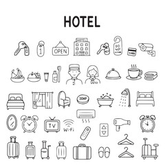  A hotel-themed vector illustration with a set of icons representing amenities, services, and staff. Includes keys, bellhop, and various tourist attributes