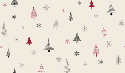 Whimsical hand drawn christmas trees and snowflakes seamless pattern on a light cream background for festive designs