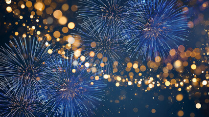 Silvester, New Year's Eve, Festival Party New Year 2026, new years eve Fireworks background banner panorama - firework and sparklers on rustic dark blue night sky texture