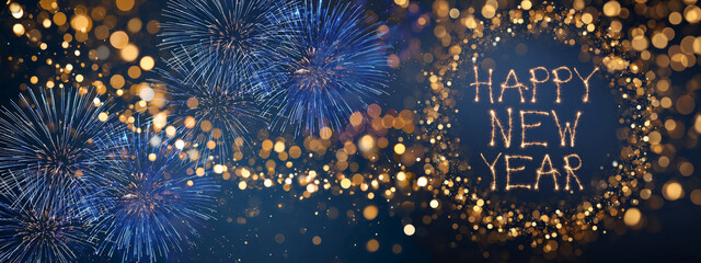 Happy new year 2026, silvester, new year's eve party, new years eve fireworks background banner panorama with text - firework and sparklers on rustic dark blue night sky texture