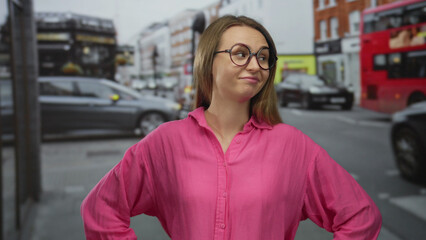 Woman in pink shirt standing on city street with a playful expression surrounded by cars and urban...