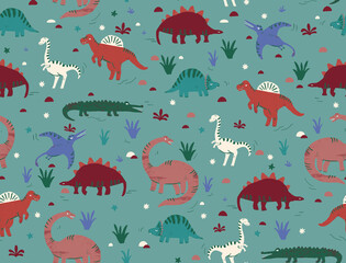 Adorable dinosaur pattern for kids featuring various prehistoric creatures and lush foliage © Creativezone