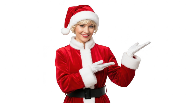 Woman in santa claus costume pointing to the side isolated on transparent background