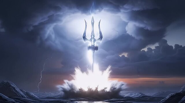 A majestic, glowing three-pronged spear stands powerfully amidst a dramatic, foreboding fantasy landscape, its ethereal form emanating bolts of vibrant electricity. Dark, heavy storm clouds gather omi