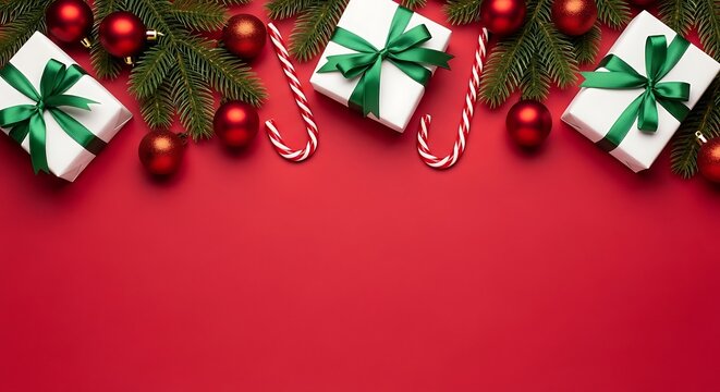 Festive christmas border with gifts ornaments and candy canes on red background
